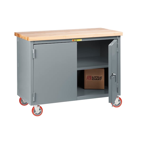 24" x 36" Butcher Block Top, Center Shelf, Mobile, 2 Rigid, 2 Swivel Polyurethane, 3000 lbs. Cap.